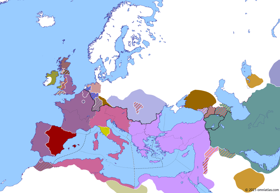 Political map of Europe & the Mediterranean on 24 May 409 (Theodosian Dynasty: Gerontian Revolt), showing the following events: Recognition of Constantine III; Rejection of peace with Alaric; Battle of Pisa; Gerontian Revolt.