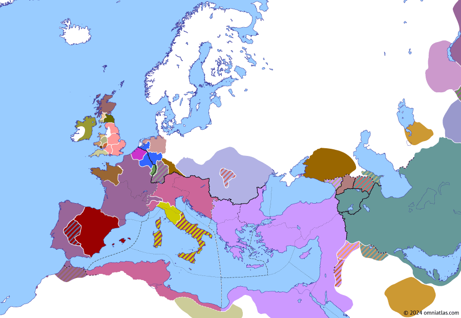 Political map of Europe & the Mediterranean on 19 Jun 410 (Theodosian Dynasty: The West Besieged: Rescript of Honorius), showing the following events: Romano-British Revolt; Armorican Revolt; Alaric’s Second Siege of Rome; First Usurpation of Attalus; Attalus’ African campaign; Siege of Ravenna; Constantine III’s Italian expedition; Constans II vs Gerontius; Rescript of Honorius.