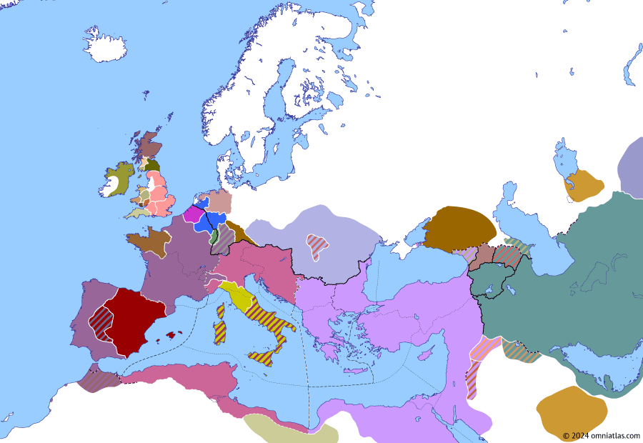 Political map of Europe & the Mediterranean on 19 Jun 410 (Theodosian Dynasty: Rescript of Honorius), showing the following events: Romano-British revolt; Armorican revolt; Alaric’s Second Siege of Rome; First Usurpation of Attalus; Attalus’ African campaign; Siege of Ravenna; Constantine III’s Italian expedition; Constans II vs Gerontius; Rescript of Honorius.