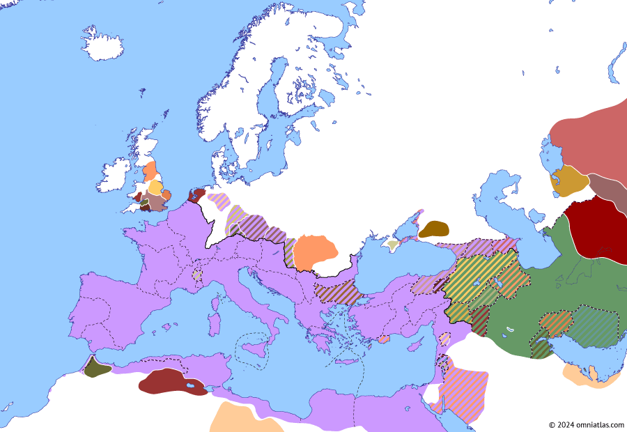 Political map of Europe & the Mediterranean on 23 Jan 41 AD (The Julio-Claudian Dynasty: Reign of Caligula), showing the following events: Parthian Civil Wars of 36–42; Principate of Caligula; Reign of Herod Agrippa; Caligula’s interference in Armenia; Caligula’s Commagene; Caligula’s Northern Campaign; Seizure of Mauretania.