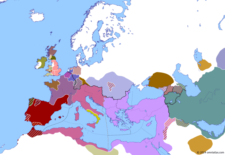 Political map of Europe & the Mediterranean on 27 Apr 411 (Theodosian Dynasty: Downfall of Constantine III), showing the following events: Edobich on the Rhine; Death of Alaric; Mucking; Death of Constans II; Siege of Arles.