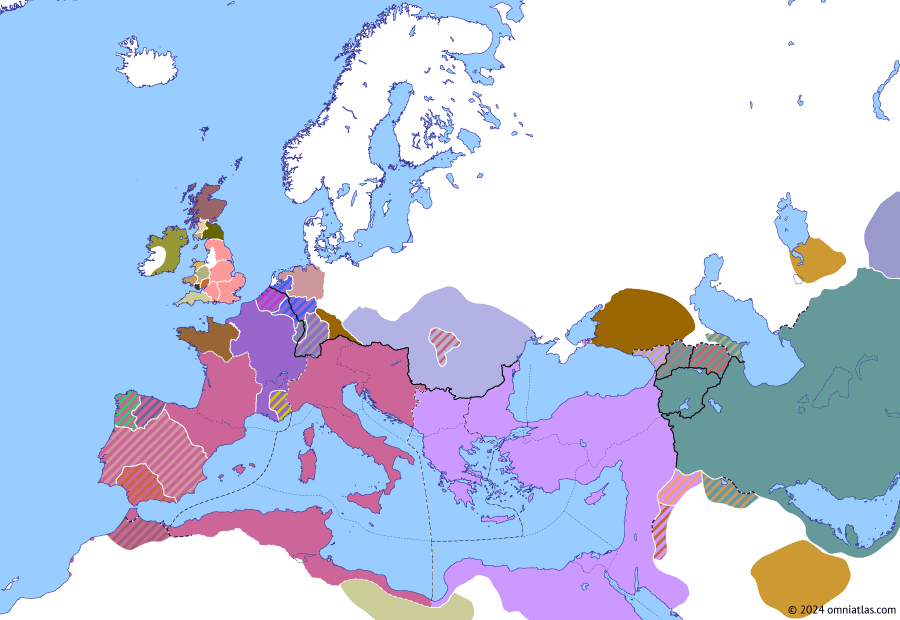 Political map of Europe & the Mediterranean on 02 Jul 412 (Theodosian Dynasty: Athaulf and Jovinus), showing the following events: Fall of Arelate; Treaty of Hispaniae; Death of Sarus; Elevation of Sebastianus.