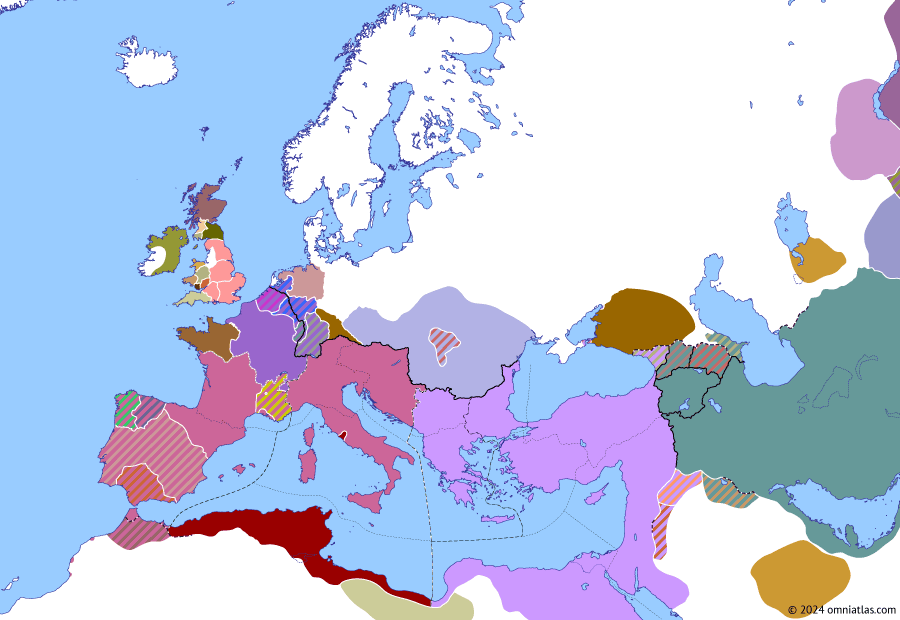 Political map of Europe & the Mediterranean on 20 Apr 413 (Theodosian Dynasty: Revolt of Heraclian), showing the following events: Roman embassy to Charaton; Revolt of Heraclian; Death of Sebastianus; Siege of Valence; Battle of Utriculum.