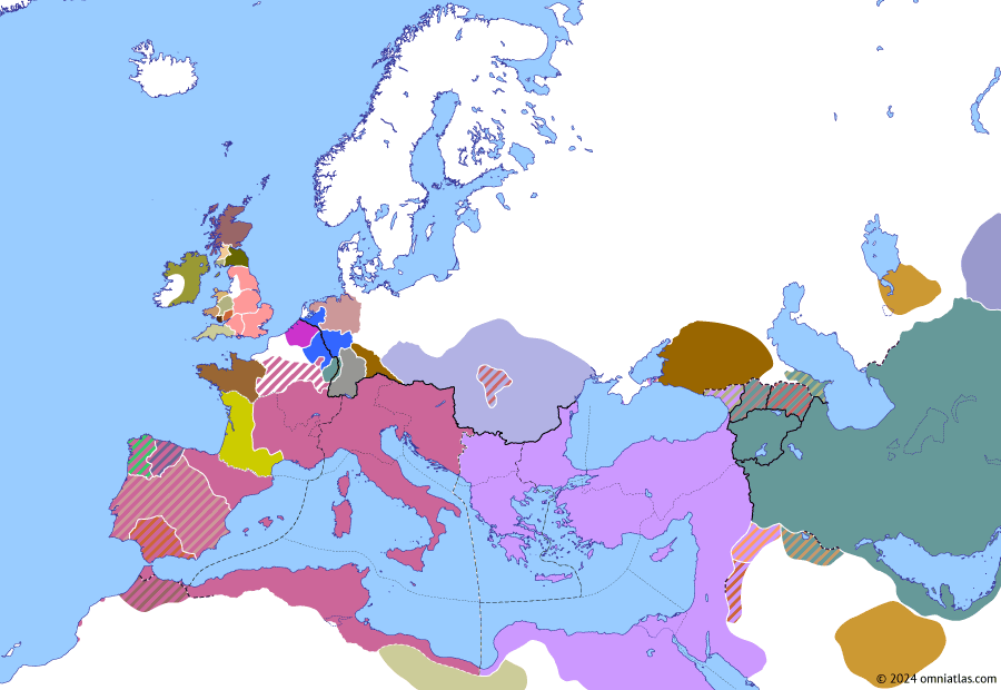Political map of Europe & the Mediterranean on 13 Sep 414 (Theodosian Dynasty: The West Besieged: Athaulf and Galla Placidia), showing the following events: Death of Heraclian; Athaulf’s occupation of Narbona; Siege of Massilia; Marriage of Athaulf and Galla Placidia; Reign of Pulcheria; Second elevation of Attalus.