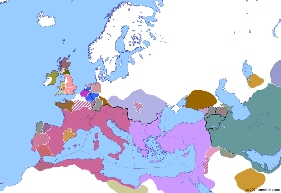 Political map of Europe & the Mediterranean on 07 Feb 416 (Theodosian Dynasty: The West Besieged: Wallia–Euplutius Treaty), showing the following events: Gothic African expedition; Athaulf’s withdrawal to Spain; Murder of Hypatia; Death of Athaulf; Wallia–Euplutius Treaty.