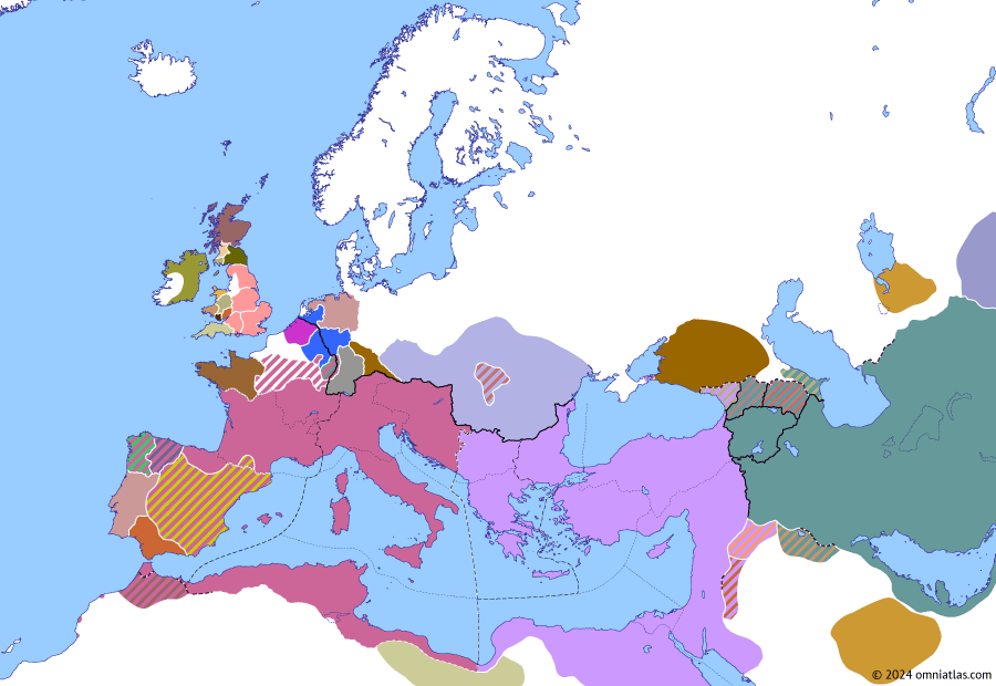 Political map of Europe & the Mediterranean on 05 Jun 417 (Theodosian Dynasty: The West Besieged: Wallia’s Spanish Wars), showing the following events: Wallia’s first Spanish campaign; Marriage of Constantius and Placidia; Wallia’s second Spanish campaign.