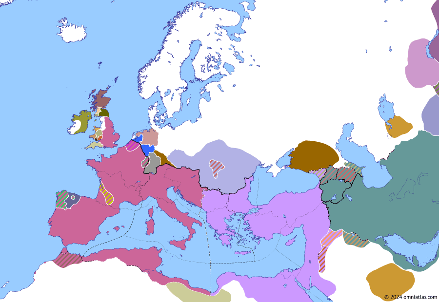 Political map of Europe & the Mediterranean on 11 Feb 420 (Theodosian Dynasty: The West Besieged: Battle of the Nervasos Mountains), showing the following events: Visigothic Settlement; Battle of the Nervasos Mountains; Restoration of Maximus of Hispania.