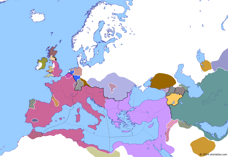 Political map of Europe & the Mediterranean on 08 Feb 421 (Theodosian Dynasty: The West Besieged: Constantius III), showing the following events: Armenian revolt; Kidarite Kingdom; Battle of Bracara Augusta; Vandalusia; End of Maximus of Hispania; Reign of Constantius III.