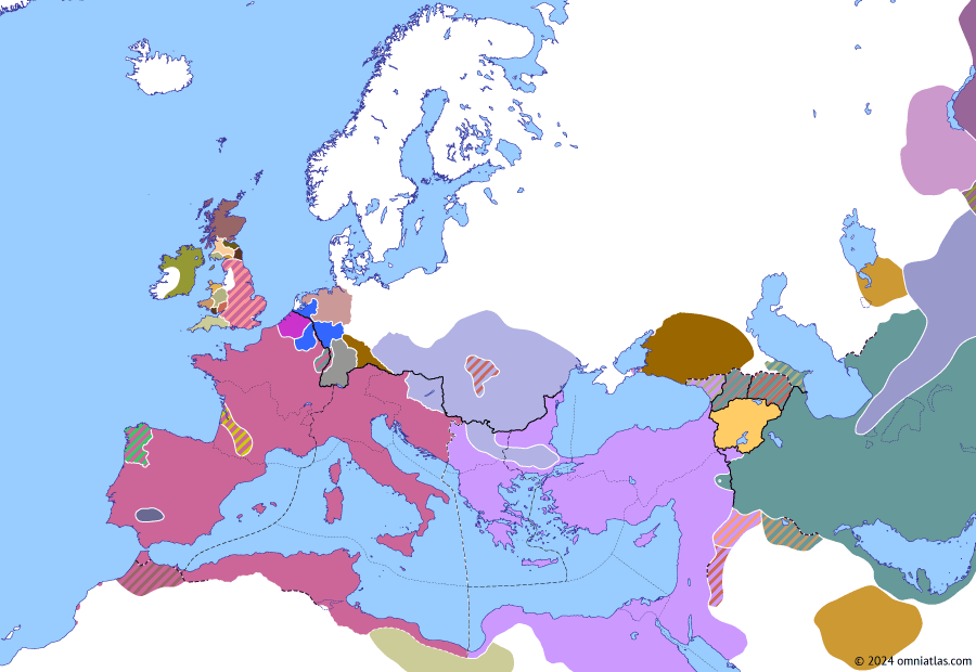 Political map of Europe & the Mediterranean on 10 Jan 422 (Theodosian Dynasty: The West Besieged: Persian War of 421–422), showing the following events: Roman–Persian War; Hunnic occupation of Pannonia; Revolt of Pharamond; First Perso-Kidarite War; Romane gesomnodon; Rugila’s invasion of Thrace.