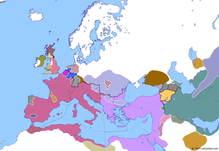 Political map of Europe & the Mediterranean on 10 Jan 422 (Theodosian Dynasty: The West Besieged: Persian War of 421–422), showing the following events: Roman–Persian War; Hunnic occupation of Pannonia; Pharamond; Romane gesomnodon; Rugila’s invasion of Thrace.