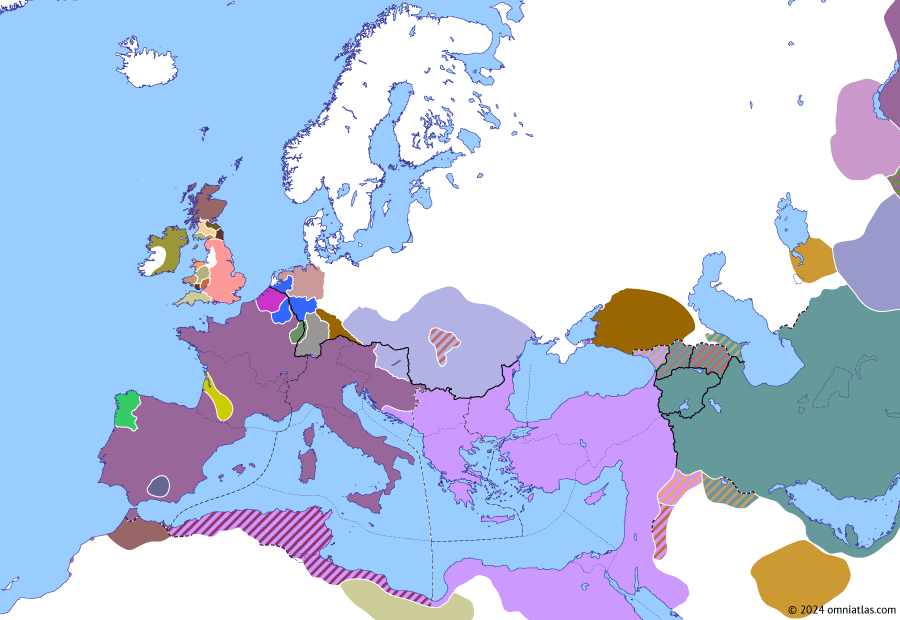 Political map of Europe & the Mediterranean on 20 Nov 423 (Theodosian Dynasty: The West Besieged: Joannes), showing the following events: Exile of Galla Placidia; Death of Honorius; Usurpation of Joannes.