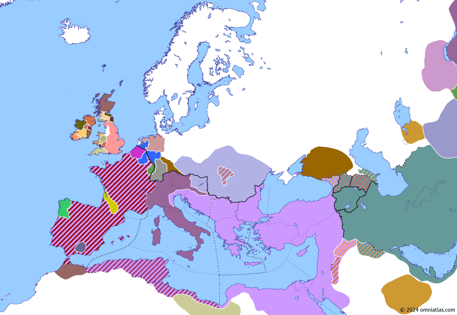 Political map of Europe & the Mediterranean on 05 May 425 (Theodosian Dynasty: The West Besieged: Defeat of Joannes), showing the following events: Joannes’ African campaign; Joannes’ embassy to the Huns; Assassination of Exuperantius of Poitiers; Valentinian III Caesar; Fall of Aquileia; Capture of Joannes.