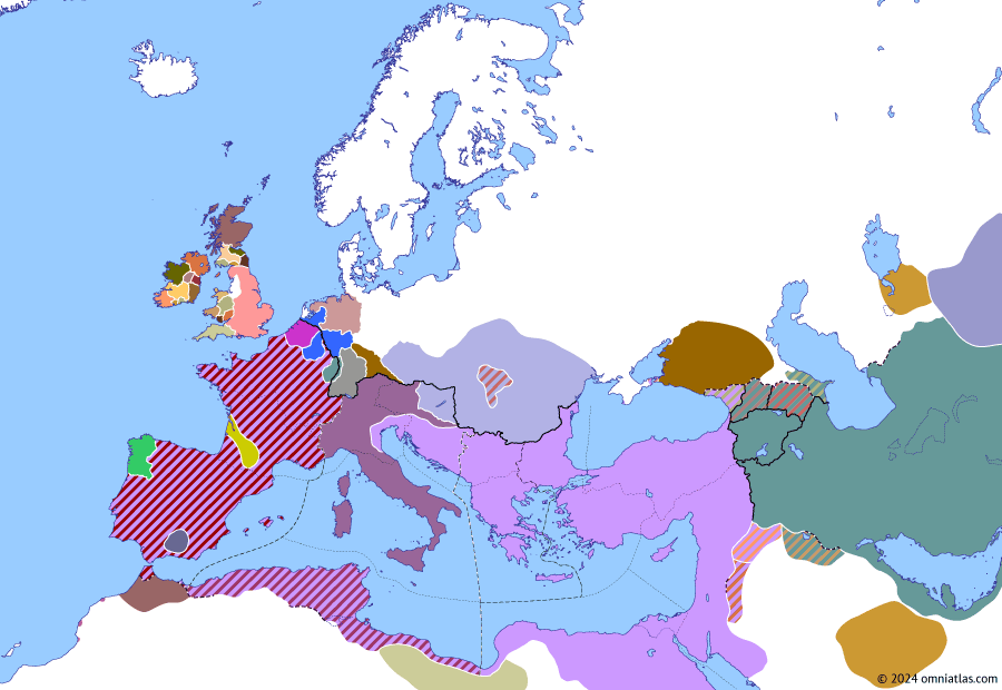 Political map of Europe & the Mediterranean on 05 May 425 (Theodosian Dynasty: The West Besieged: Defeat of Joannes), showing the following events: Joannes’ African campaign; Joannes’ embassy to the Huns; Assassination of Exuperantius of Poitiers; Valentinian III Caesar; Fall of Aquileia; Capture of Joannes.