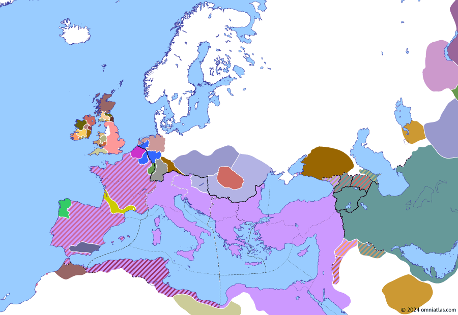 Political map of Europe & the Mediterranean on 04 Feb 426 (Theodosian Dynasty: Fall of Africa: Siege of Arles), showing the following events: Arrival of Aetius; Reign of Valentinian III; Siege of Arles; Vandal seizure of the Spanish fleet; Hun–Gepid War; Octar.