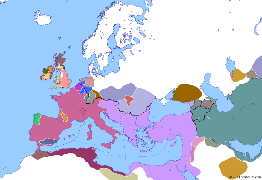 Political map of Europe & the Mediterranean on 03 Aug 427 (Theodosian Dynasty: Fall of Africa: Revolt of Bonifatius), showing the following events: Second Perso-Kidarite War; Insubordination of Bonifatius; Fall of the Fossatum Africae; Hunnic expulsion from Pannonia; Mavortius, Gallio, and Sanoeces.