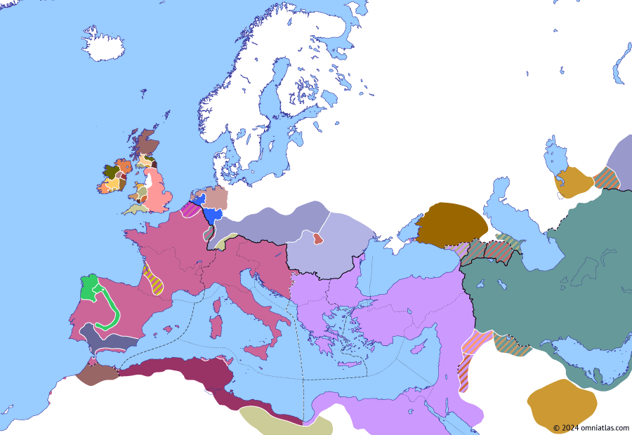 Political map of Europe & the Mediterranean on 13 May 429 (Theodosian Dynasty: Fall of Africa: Vandal crossing to North Africa), showing the following events: Octar’s expansion; Sigisvult vs Bonifatius; Vandal capture of Hispalis; Aetius’ Frankish campaign; End of Arsacid Armenia; Battle of Mérida; Vandal crossing to Africa.