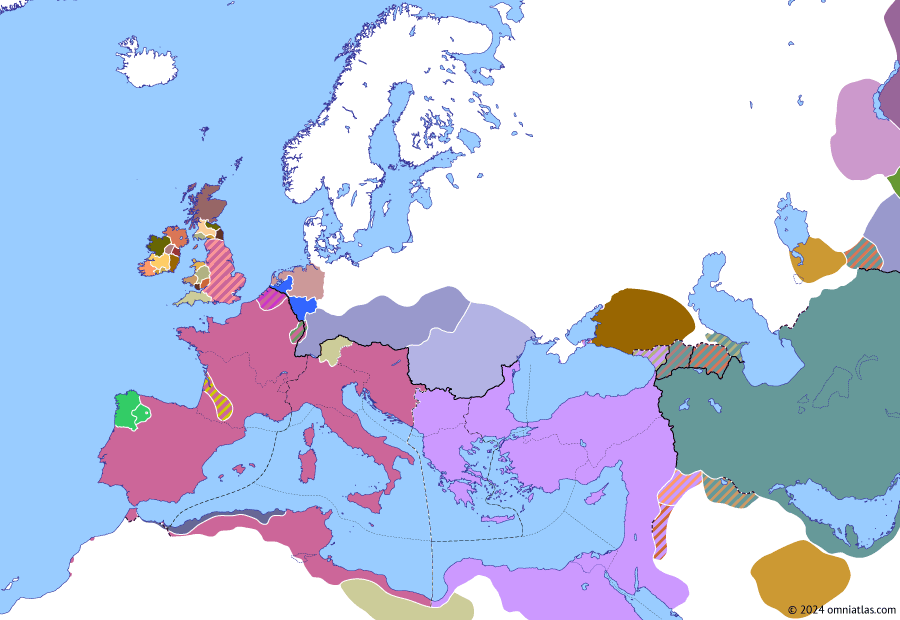 Political map of Europe & the Mediterranean on 10 May 430 (Theodosian Dynasty: Fall of Africa: Death of Flavius Felix), showing the following events: Vandal invasion of Diocese of Africa; Germanus of Auxerre in Britain; Juthungi invasion of Raetia; First Suebian–Roman War; Anaolsus; Death of Flavius Felix.