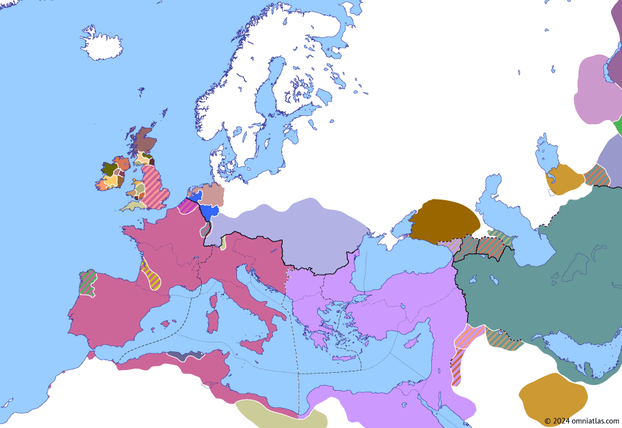 Political map of Europe & the Mediterranean on 28 Aug 430 (Theodosian Dynasty: Fall of Africa: Siege of Hippo Regius), showing the following events: First Battle of Hippo Regius; Siege of Hippo Regius; Death of Octar; Aetius’ Juthungi campaign.