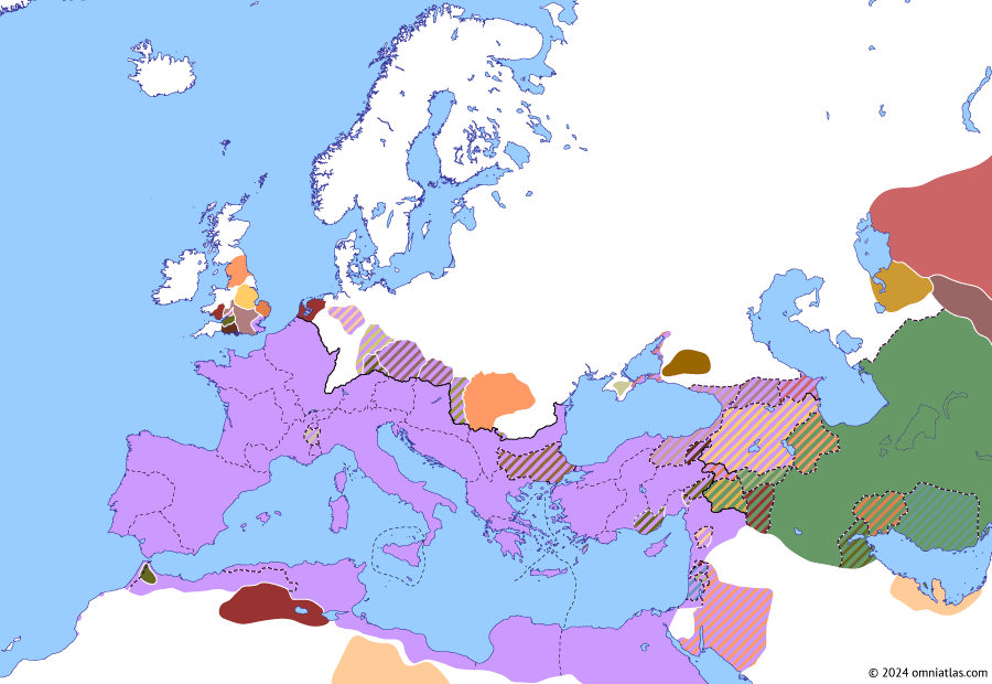 Political map of Europe & the Mediterranean on 16 Aug 43 AD (The Julio-Claudian Dynasty: Claudius’ invasion of Britain), showing the following events: Principate of Claudius; Claudian Commagene; Armenian Succession War of 42; Annexation of Lycia; Claudius’ invasion of Britain.