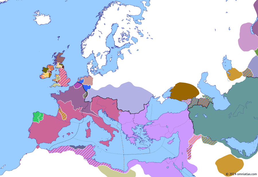 Political map of Europe & the Mediterranean on 23 Sep 432 (Theodosian Dynasty: Fall of Africa: Battle of Rimini), showing the following events: Second Battle of Hippo Regius; Recall of Bonifatius; Aetius vs Chlodio; Saint Patrick; Battle of Rimini.