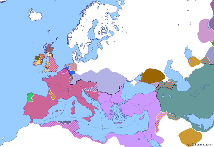 Political map of Europe & the Mediterranean on 15 May 433 (Theodosian Dynasty: Fall of Africa: Aetius vs Sebastianus), showing the following events: Sebastianus; Exile of Aetius; Aetius vs Sebastianus; Censurius–Hermeric Treaty.