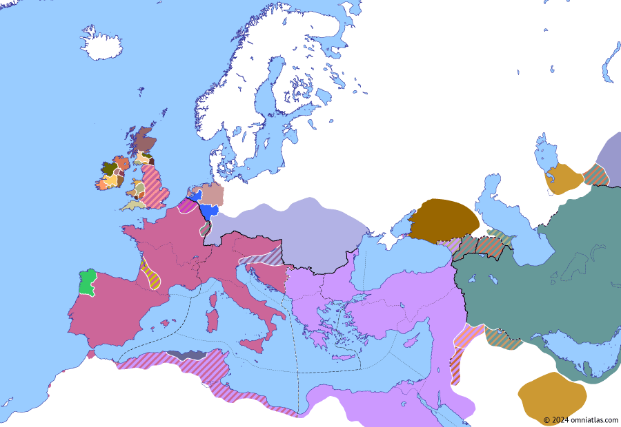 Political map of Europe & the Mediterranean on 15 May 433 (Theodosian Dynasty: Fall of Africa: Aetius vs Sebastianus), showing the following events: Sebastianus; Exile of Aetius; Aetius vs Sebastianus; Censurius–Hermeric Treaty.