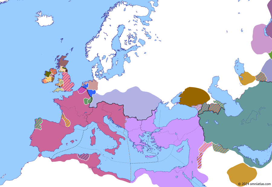 Political map of Europe & the Mediterranean on 11 Feb 435 (Theodosian Dynasty: Fall of Africa: Treaty of Hippo Regius), showing the following events: Exile of Sebastianus; Rugila’s Danubian crisis; First Revolt of Gundahar; Treaty of Hippo Regius.