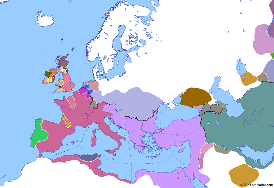 Political map of Europe & the Mediterranean on 30 Jul 440 (Theodosian Dynasty: Fall of Africa: Vandal Siege of Panormus), showing the following events: Avitus–Theodoric Treaty; Alanic Gaul; Siege of Panormus; Roman–Persian War of 440.