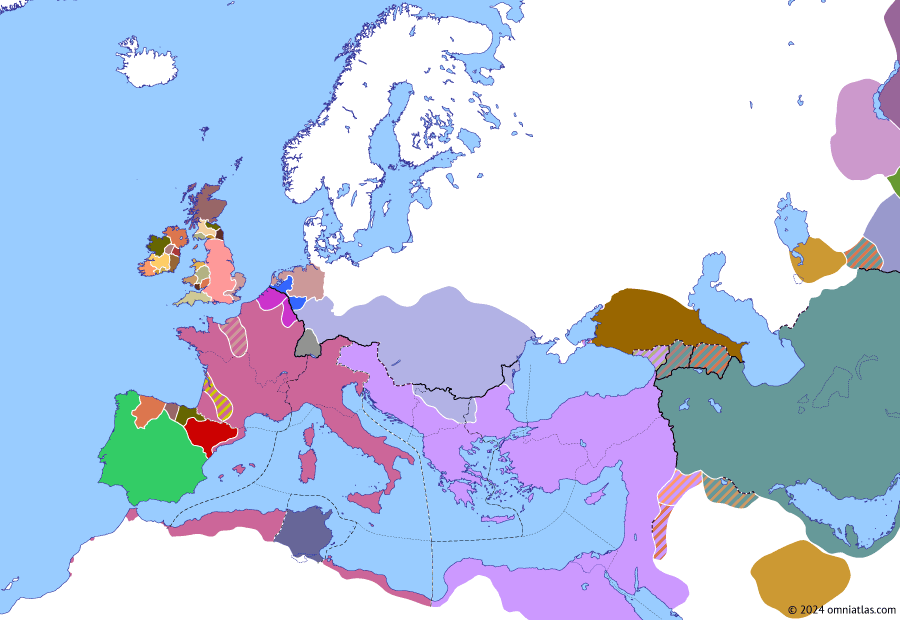 Political map of Europe & the Mediterranean on 16 Jul 442 (Theodosian Dynasty: Hunnic Wars: Treaty of Carthage), showing the following events: Siege of Naissus; Siege of Sirmium; Treaty of Carthage.