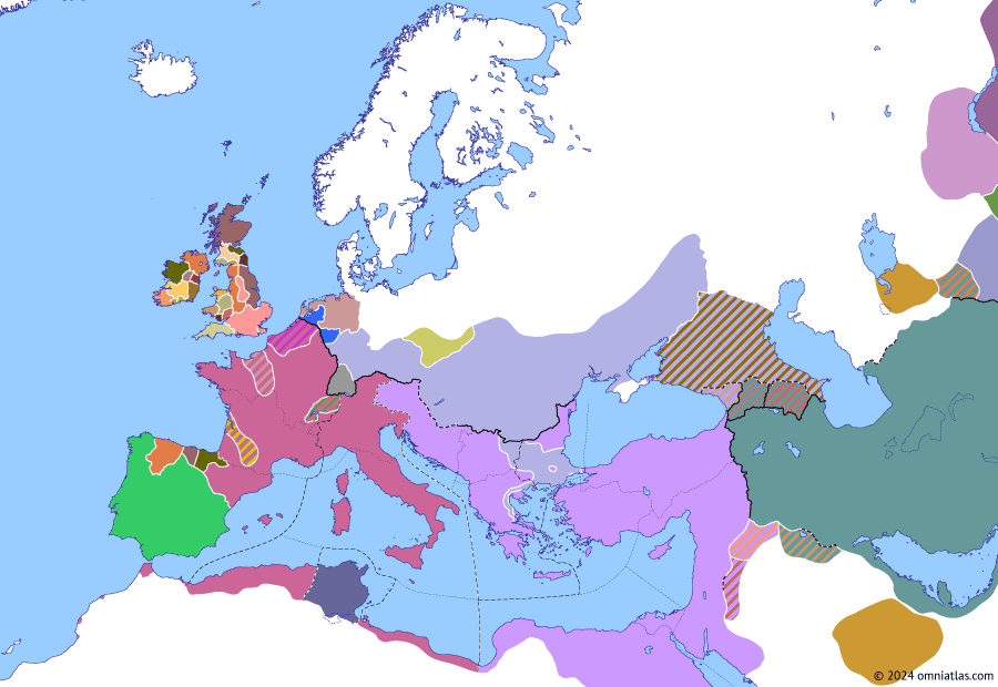 Political map of Europe & the Mediterranean on 19 May 447 (Theodosian Dynasty: Hunnic Wars: Attila’s invasion of Thrace), showing the following events: Revolt of Laimicho; Vitus’ Spanish campaign; Groans of the Britons; Constantinople earthquake; Attila’s invasion of Thrace; Battle of the Utus; Battle of Chersonesus.