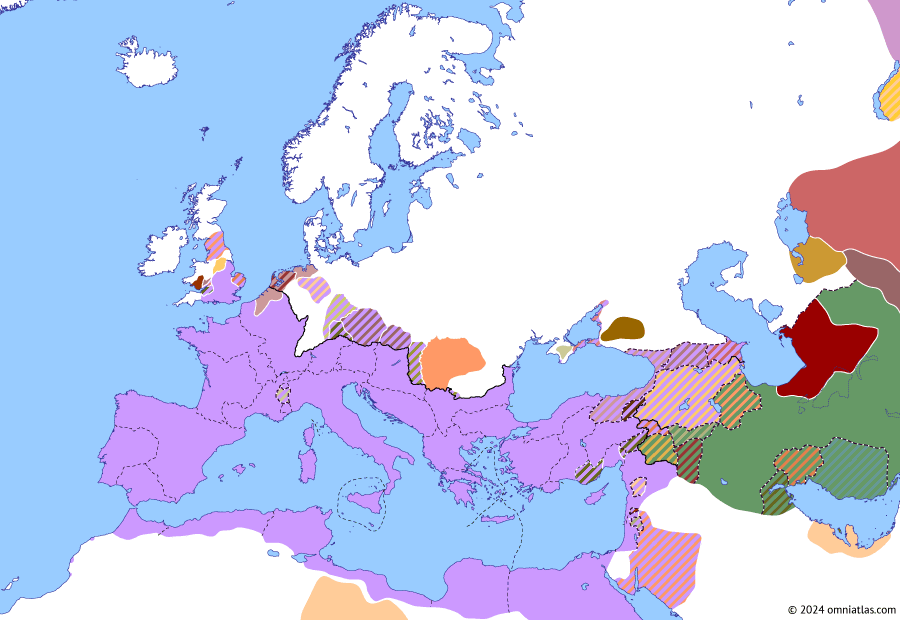 Political map of Europe & the Mediterranean on 30 Apr 47 AD (Julio-Claudian Dynasty: Roman Conquest of Britain), showing the following events: Plautius’ Campaigns in Britain; Claudian Rhodes; Roman Mauretania; Parthian Civil War of 45–47; Roman Thrace; Jacob and Simon Uprising; Gannascus; Paul’s Missionary Journeys.