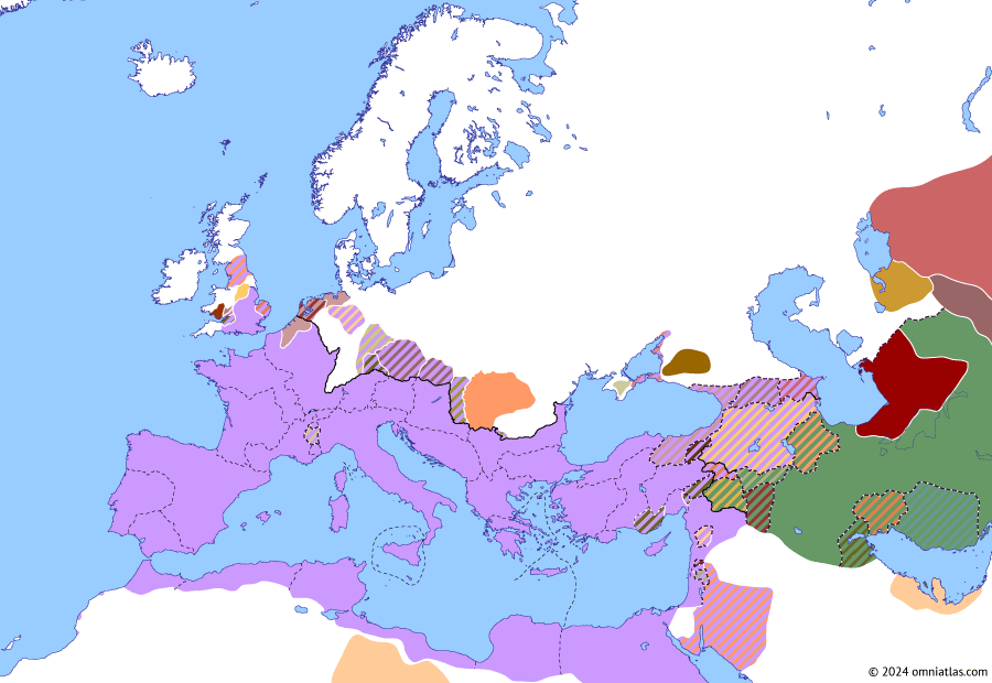 Political map of Europe & the Mediterranean on 30 Apr 47 AD (Julio-Claudian Dynasty: Roman Conquest of Britain), showing the following events: Plautius’ Campaigns in Britain; Claudian Rhodes; Roman Mauretania; Parthian Civil War of 45–47; Roman Thrace; Jacob and Simon Uprising; Gannascus; Paul’s Missionary Journeys.