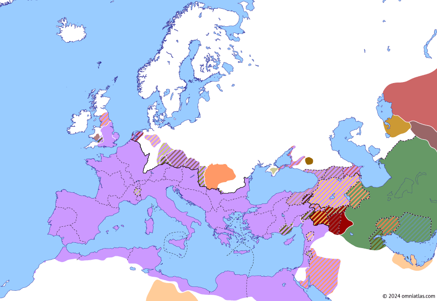 Political map of Europe & the Mediterranean on 31 Aug 49 AD (The Julio-Claudian Dynasty: Bosporan War), showing the following events: Bosporan War; British campaigns of Ostorius Scapula; Alpes Poeninae; Parthian Civil War of 49.