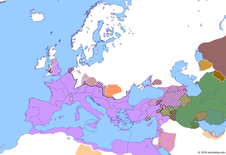 Political map of Europe & the Mediterranean on 15 Jan 54 AD (The Julio-Claudian Dynasty: Iberian–Armenian War), showing the following events: Iberian–Armenian War of 50–51; Sanabares’ Rebellion; Armenian Succession War of 51–53.