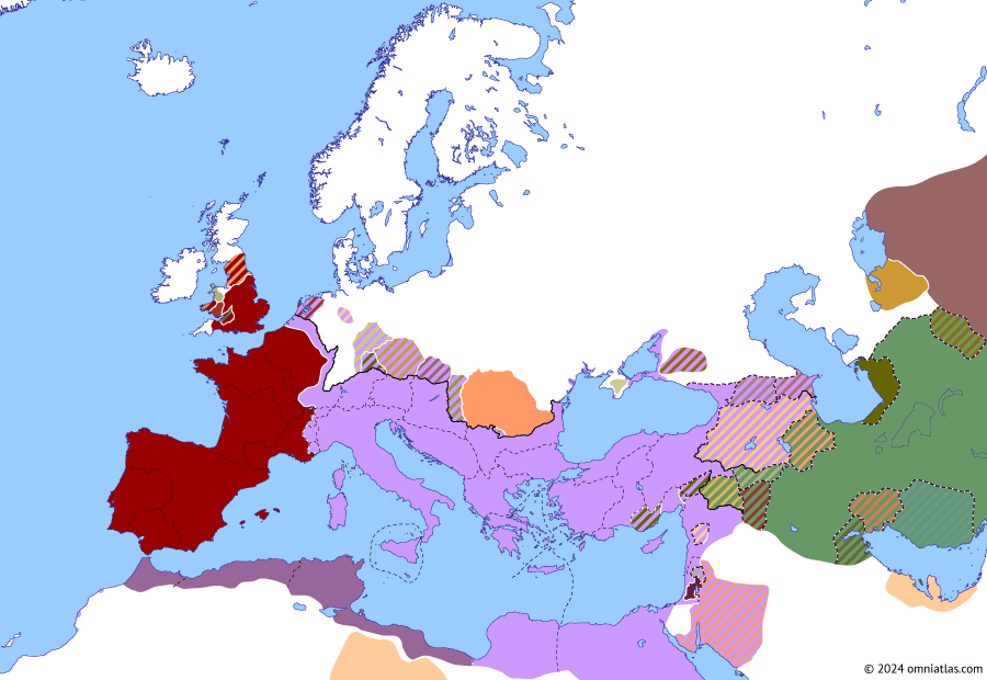 Political map of Europe & the Mediterranean on 07 Jun 68 AD (The Julio-Claudian Dynasty: Downfall of Nero), showing the following events: Battle of Beth Horon; Vespasian’s Galilee Campaign; Zealot Temple Siege; Dacian resurgence; Vindex’s Rebellion; Galba’s Rebellion; Macer’s Rebellion.