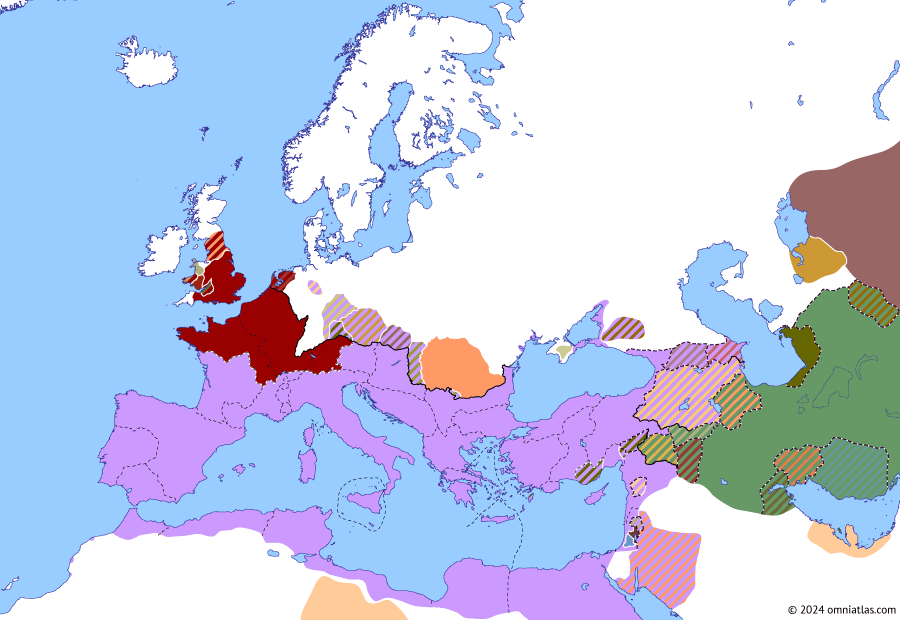 Political map of Europe & the Mediterranean on 14 Jan 69 AD (The Flavian Dynasty: Year of the Four Emperors: Galba), showing the following events: Simon bar Giora; Overthrow of Nero; Principate of Galba; Vitellius’ Rebellion.