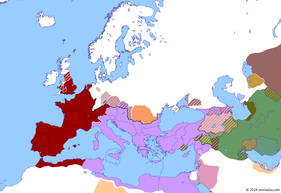 Political map of Europe & the Mediterranean on 14 Apr 69 AD (The Flavian Dynasty: Year of the Four Emperors: Otho), showing the following events: Nero of Cythnus; Otho’s Gallic campaign; Principate of Otho; Roxolani War of 69; First Battle of Bedriacum.
