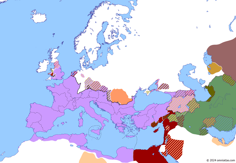Political map of Europe & the Mediterranean on 15 Jul 69 AD (The Flavian Dynasty: Year of the Four Emperors: Vitellius), showing the following events: Principate of Vitellius; Flavian Revolt.