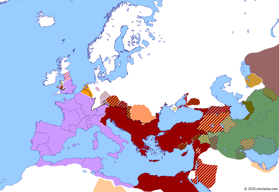 Political map of Europe & the Mediterranean on 24 Oct 69 AD (The Flavian Dynasty: Revolt of the Batavi), showing the following events: Revolt of the Batavi; Flavian Revolt on Danube; Dacian War of 69; Anicetus’ Revolt; Second Battle of Bedriacum.