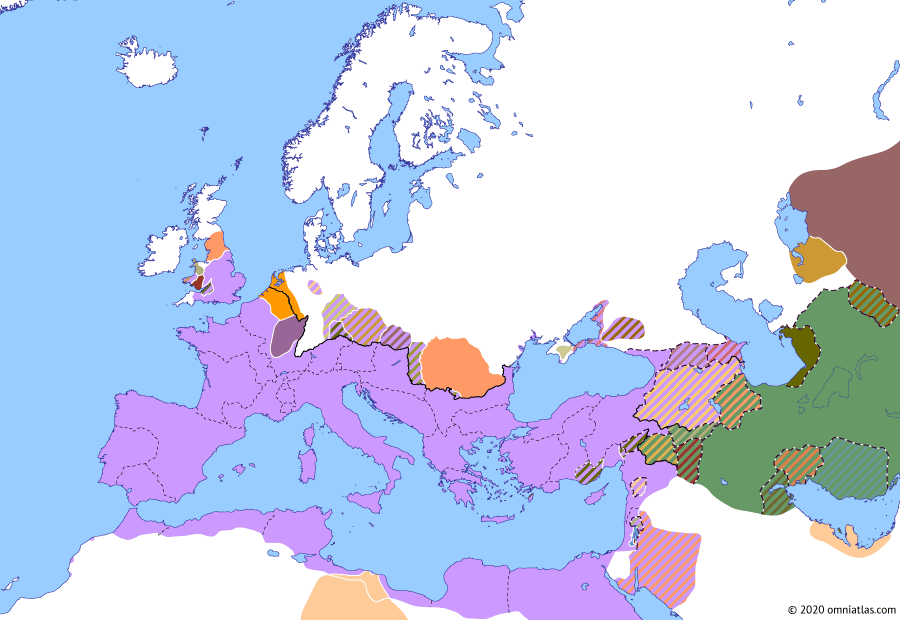 Political map of Europe & the Mediterranean on 14 Apr 70 AD (The Flavian Dynasty: Siege of Jerusalem), showing the following events: Principate of Vespasian; Empire of Gaul; Death of Proconsul Piso; Garamantian War of 70; Titus’ Siege of Jerusalem.
