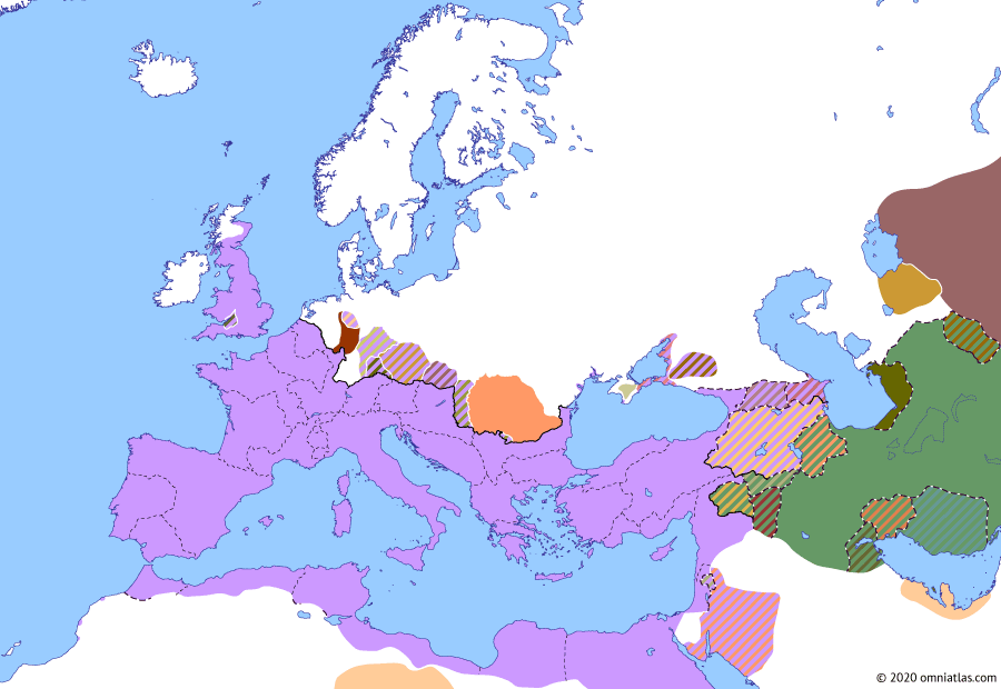 Political map of Europe & the Mediterranean on 02 Aug 84 AD (The Flavian Dynasty: Agricola’s invasion of Caledonia), showing the following events: Túathal’s return; Agricola’s Invasion of Caledonia; Principate of Domitian; Chattan War of 83; Upper and Lower Germania.