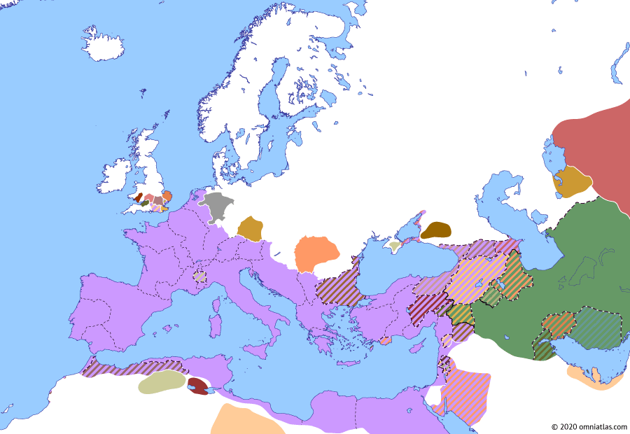 Political map of Europe & the Mediterranean on 30 Sep 9 AD (The Julio-Claudian Dynasty: Battle of the Teutoburg Forest), showing the following events: Campaign of Varus; Reign of Cunobeline; Battle of the Teutoburg Forest.
