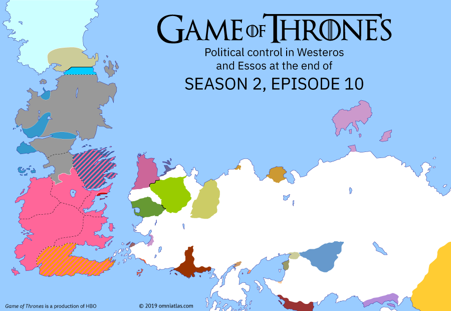 Political map of Game of Thrones on ? ?? 210 (Game of Thrones: Valar Morghulis), showing the following events: Daemerys’ Red Waste crossing; Ironborn Invasion of the North; Death of Renly Baratheon; Battle of the Blackwater.