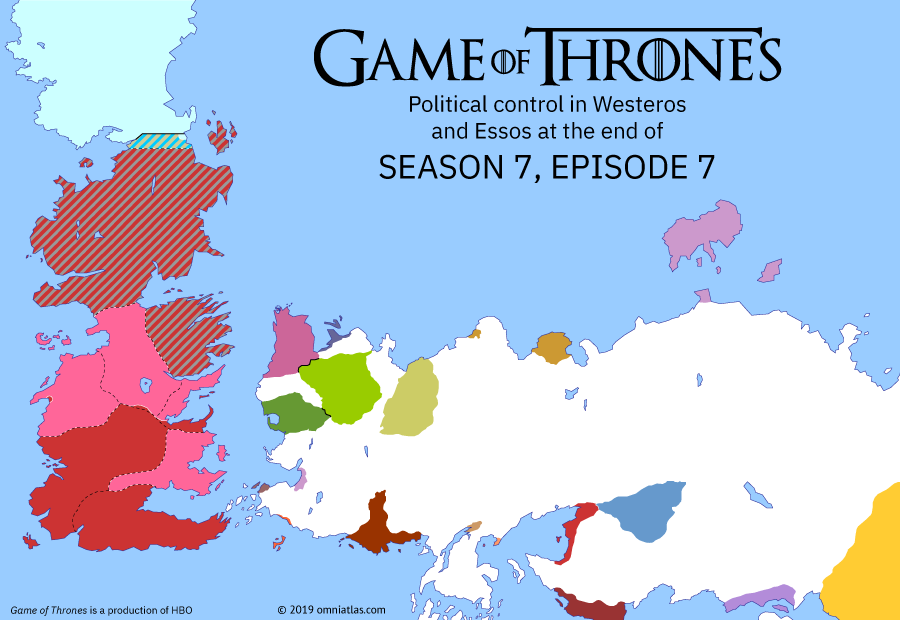 Political map of Game of Thrones on ? ?? 707 (Game of Thrones: The Dragon and the Wolf), showing the following events: Assault on the Targaryen Fleet; Sack of Highgarden; Fall of Casterly Rock; Battle of the Goldroad; Undeath of Viserion; Breaching of the Wall.
