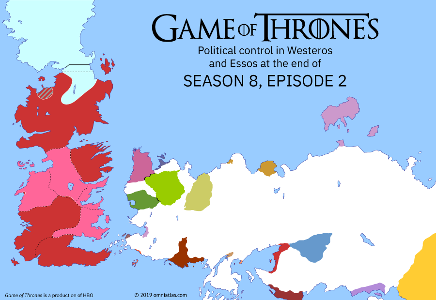 Political map of Game of Thrones on ? ?? 802 (Game of Thrones: A Knight of the Seven Kingdoms), showing the following events: White Walker advance.