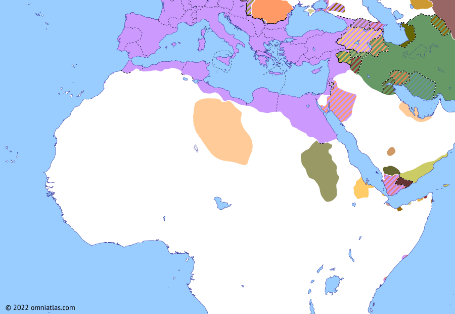 Political map of Northern Africa on 21 Feb 100 (Africa and the Roman Principate: Empire of Aksum), showing the following events: Sabaean Kingdom of the Gurat; Septimius Flaccus expedition; Julius Maternus expedition; Empire of Aksum.