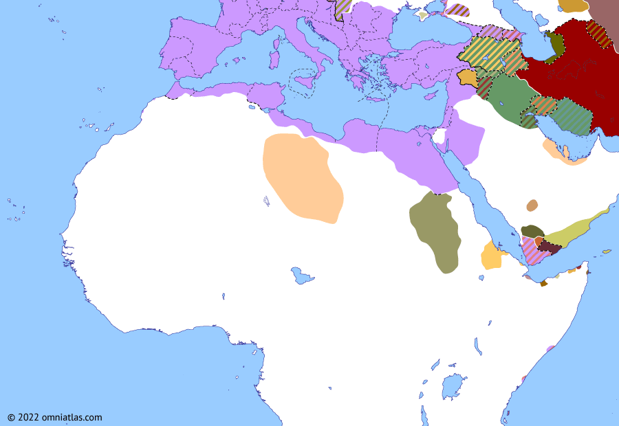 Political map of Northern Africa on 14 Dec 110 (Rome and Northern Africa: Trajan’s Red Sea expansion), showing the following events: Sabaean Kingdom of Marib; Second Dacian War; Arabia Petraea; Parthian Civil War of 109–129; Amnis Traianus; Portus Ferresanus.