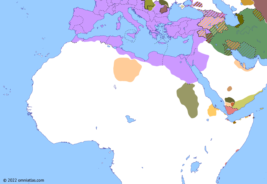 Political map of Northern Africa on 09 Jul 171 (Rome and Northern Africa: Mauri raids on Spain), showing the following events: End of Himyar–Saba Union; Hadrami Qataban; Lucius Verus’ Parthian Campaign; Antonine Plague; First Marcomannic War; Mauri War of 171.