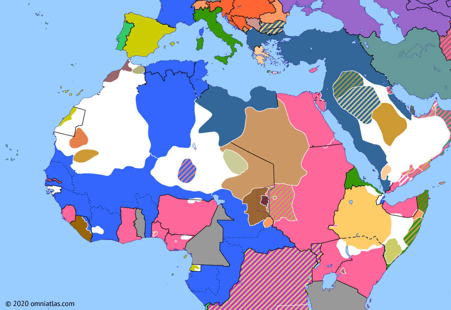 Political map of Northern Africa on 31 Mar 1905 (Scramble for Africa: Tangier Crisis), showing the following events: Reorganization of French Congo; Entente Cordiale; Zaidi Revolt in Yemen; Tangier Crisis begins.