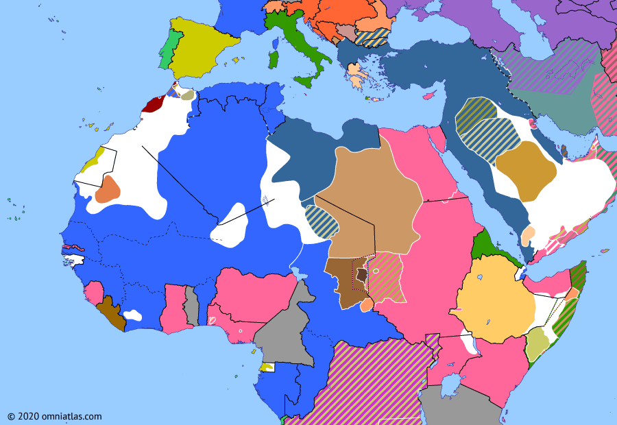 Political map of Northern Africa on 16 May 1908 (Scramble for Africa: Consolidation of Ethiopia), showing the following events: End of Lagos Colony; Tripartite Agreement on Abyssinia; Bombardment of Casablanca; Hafidiya; Anglo-Russian Entente; Anglo-Ethiopian Delimitation Treaty; Ouaddai War; Italo-Ethiopian Convention.